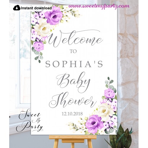 Purple Ivory Baby Shower Welcome Sign template,(144)